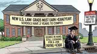 Satirical cartoon of a college building with a banner: grads must earn over $36K/year; a job-seeking graduate sits nearby with a diploma.
