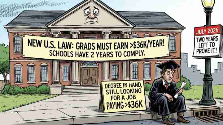 Satirical cartoon of a college building with a banner: grads must earn over $36K/year; a job-seeking graduate sits nearby with a diploma.