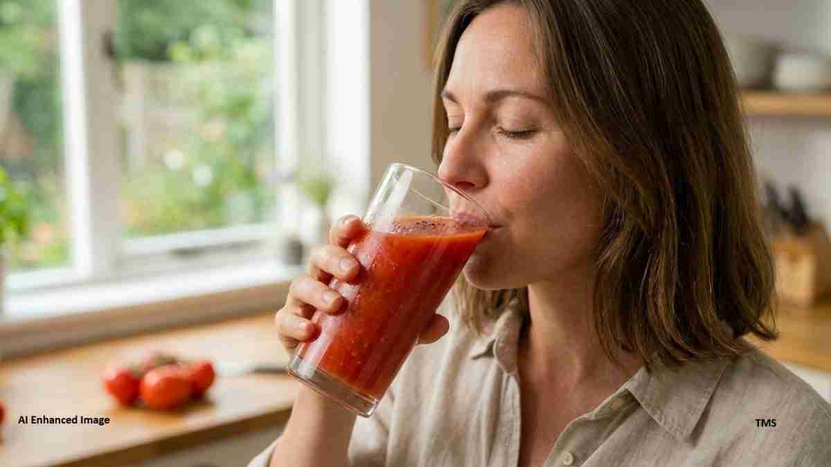 Woman in a light shirt sipping a glass of red tomato juice in a bright kitchen by a window.