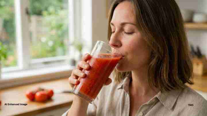 Woman in a light shirt sipping a glass of red tomato juice in a bright kitchen by a window.