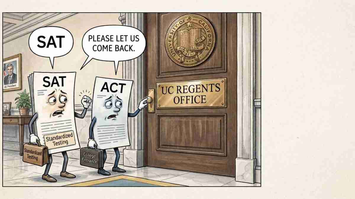 Two anthropomorphic test papers labeled SAT and ACT protest outside a university office door, asking to come back to standardized testing (UC Regents Office).