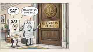 Two anthropomorphic test papers labeled SAT and ACT protest outside a university office door, asking to come back to standardized testing (UC Regents Office).