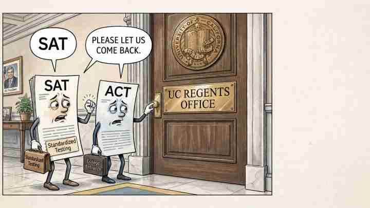 Two anthropomorphic test papers labeled SAT and ACT protest outside a university office door, asking to come back to standardized testing (UC Regents Office).