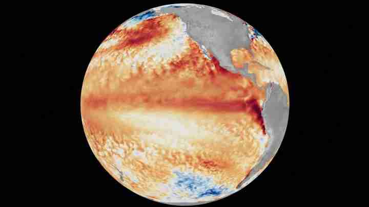 Infrared global map of Earth showing heat patterns in red and orange, with continents in gray against space in the background.