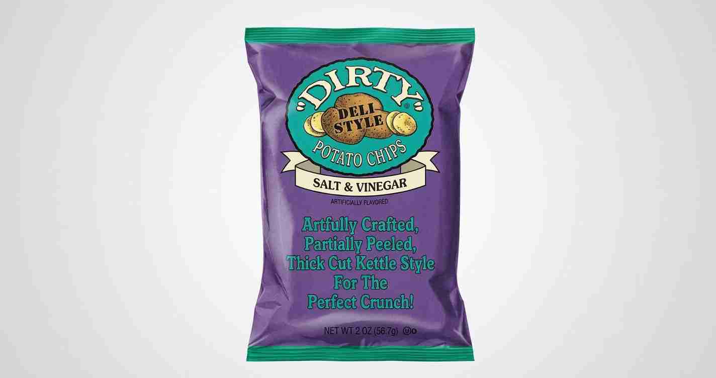 Purple bag of Dirty Dell Style Salt & Vinegar potato chips with teal label on front