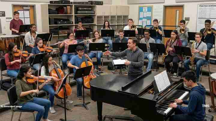 Conductor leads a student orchestra in a rehearsal room with strings, winds, brass, piano, and percussion.